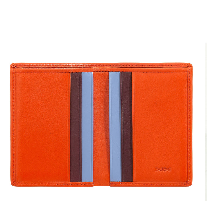 Bright orange leather wallet with multiple card slots and contrasting accent stripes