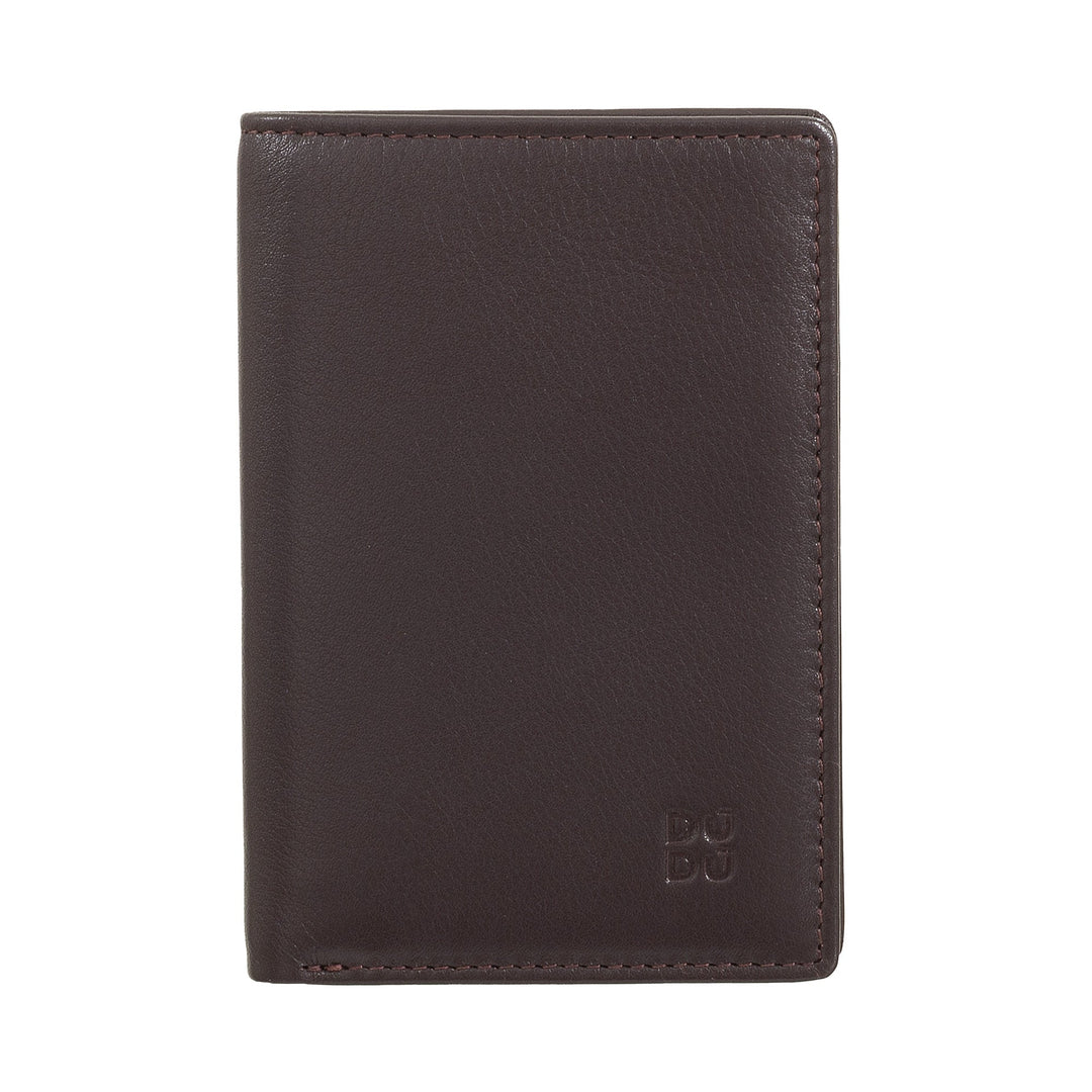 Brown leather wallet with stitched edges on a white background