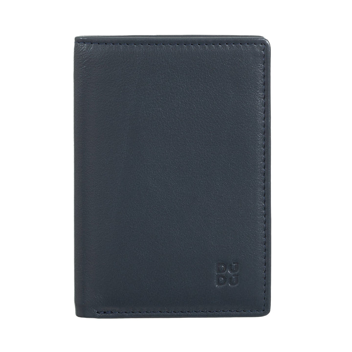 Dark blue leather wallet with textured stitching and embossed DUDU logo