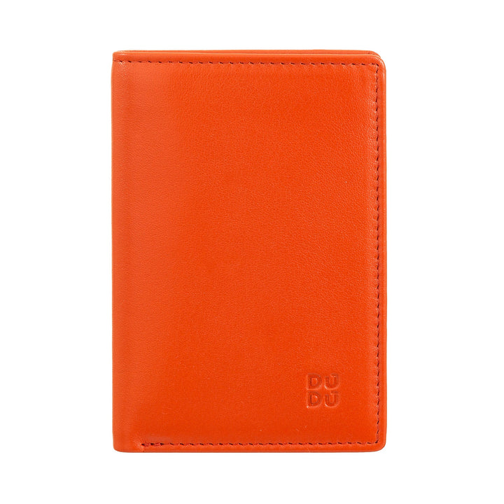 Orange leather wallet with embossed logo on the front