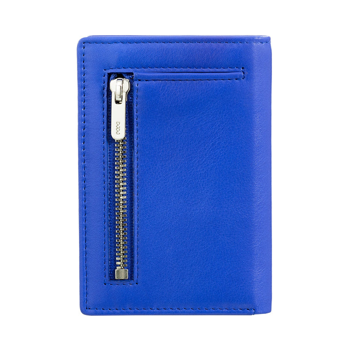 Bright blue leather wallet with front zipper closure