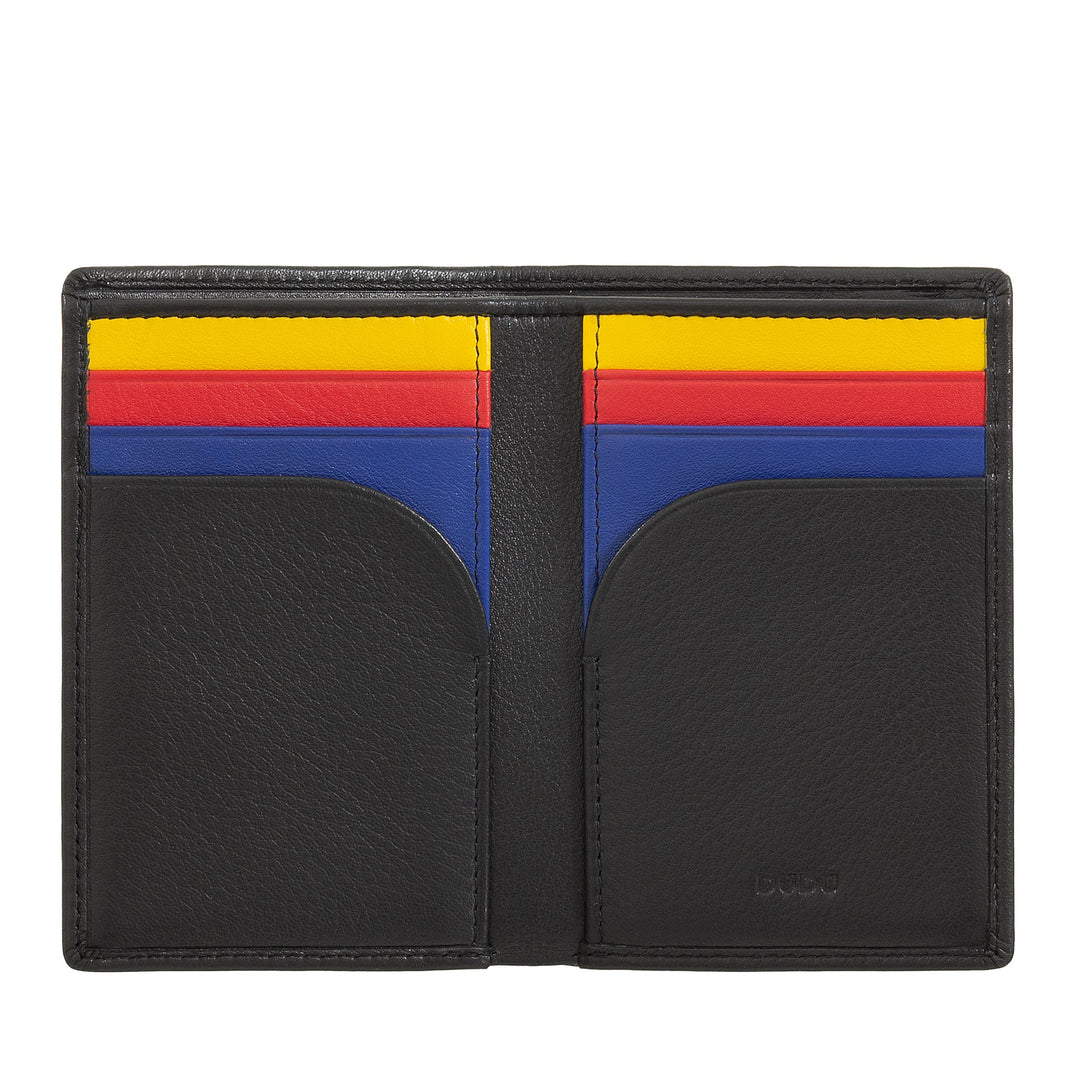 Black leather wallet with colorful card slots in yellow, red, and blue