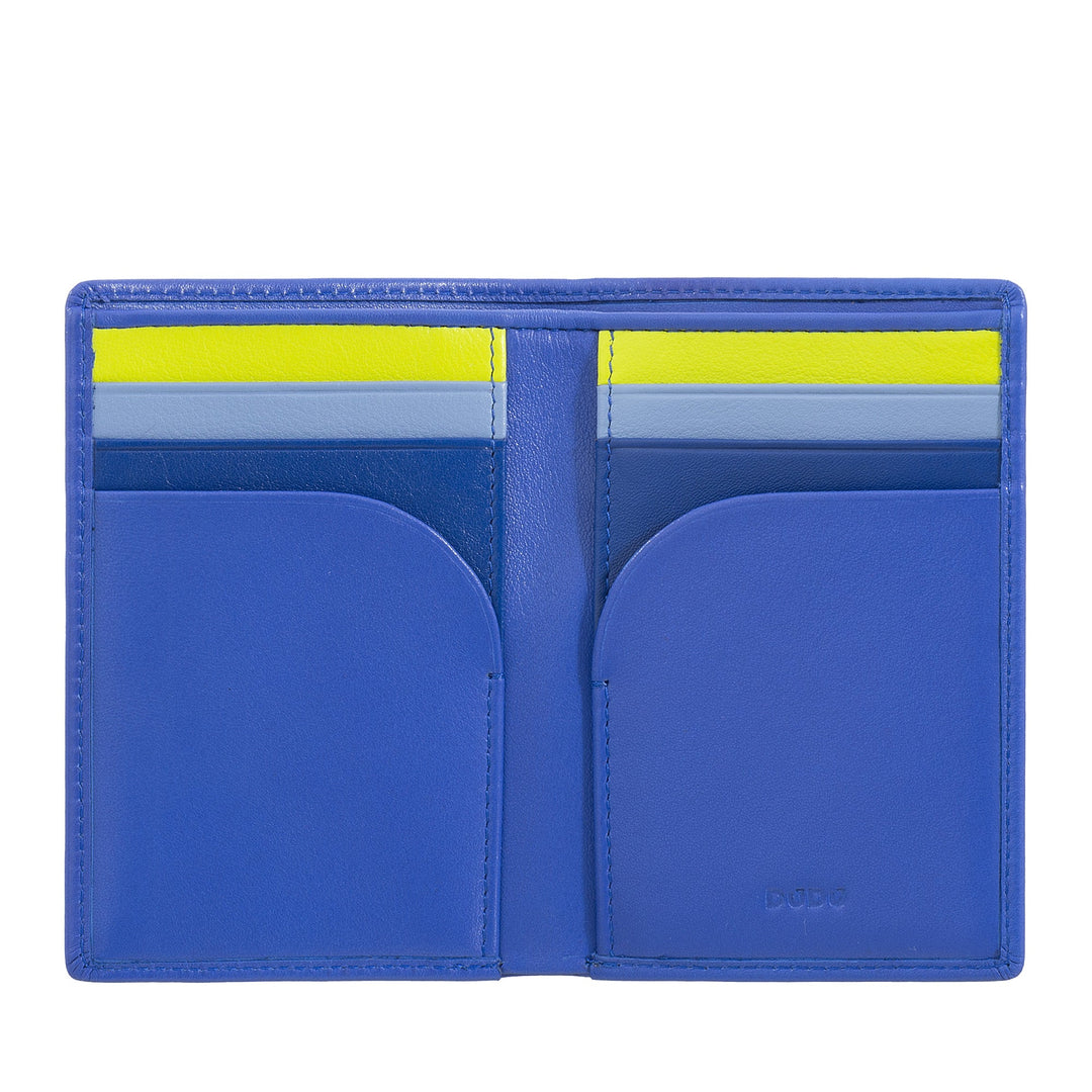 Blue leather bifold wallet with multiple card slots and vibrant interior organization