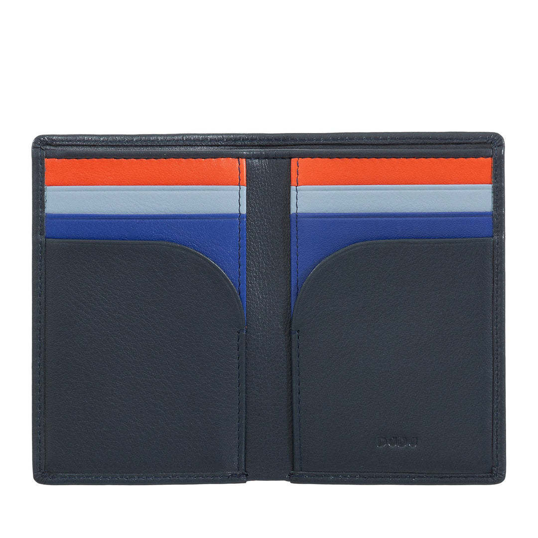 Open black leather wallet with blue, orange, and white card slots