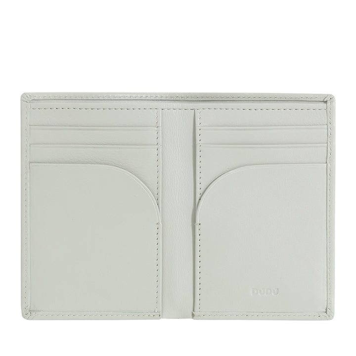 White leather bifold wallet with multiple card slots and compartments