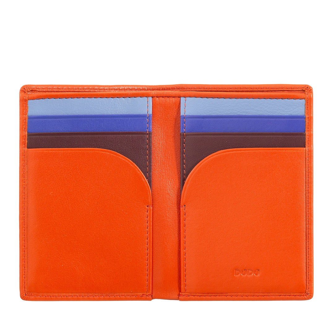 Orange leather bifold wallet with multiple card slots and contrasting interior