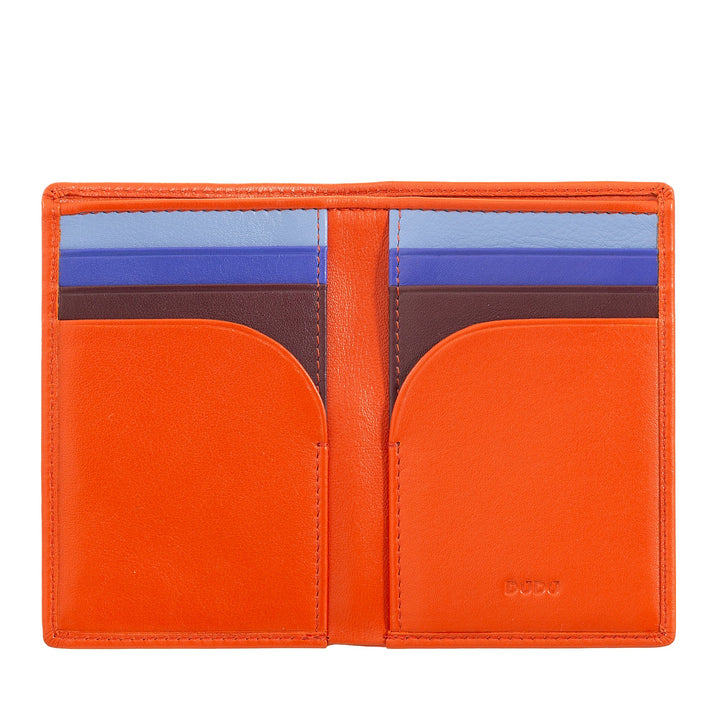 Orange leather bifold wallet with multiple card slots and contrasting interior