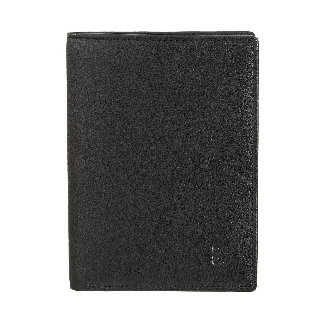 Black leather wallet with DUDU embossed on the front