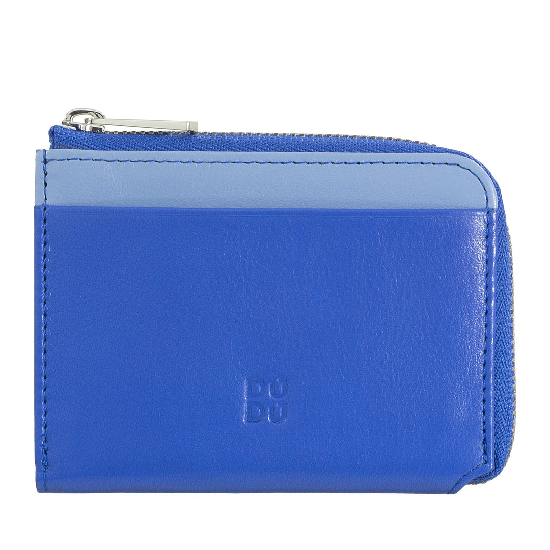 Blue leather zippered wallet with light blue accent and embossed logo