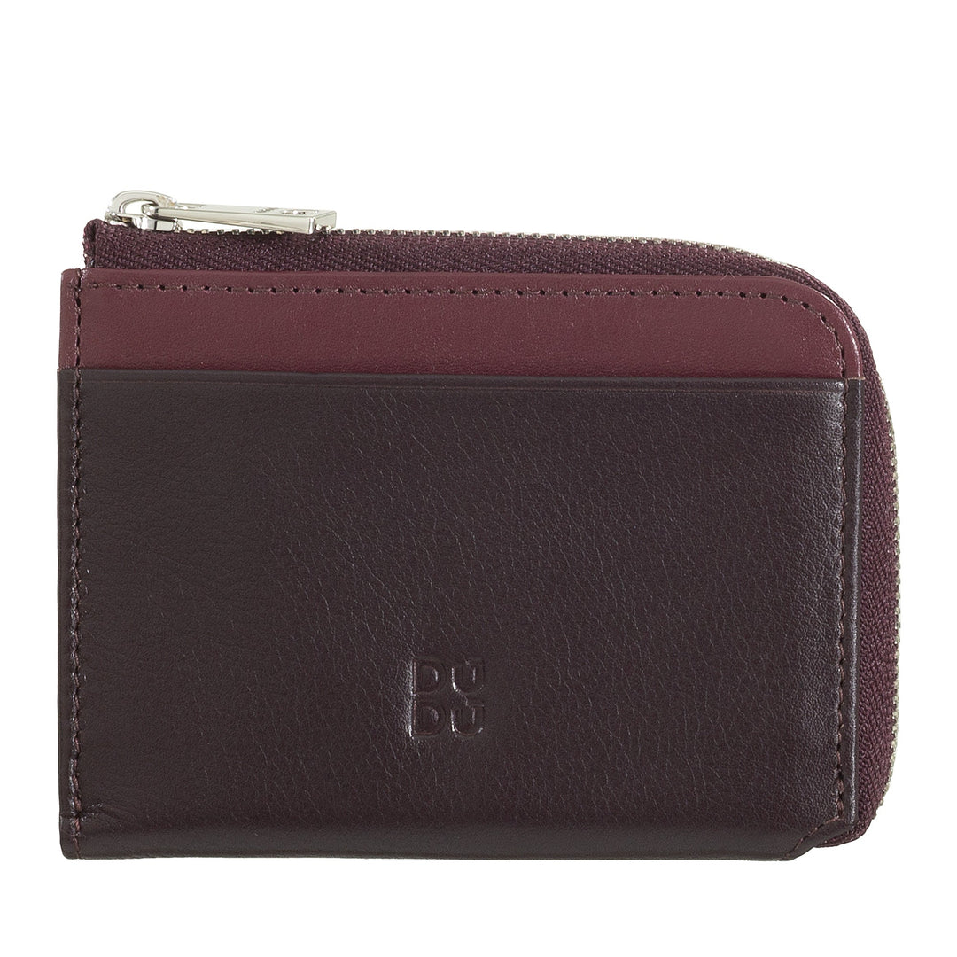 Dark brown leather wallet with zipper closure and logo embossment