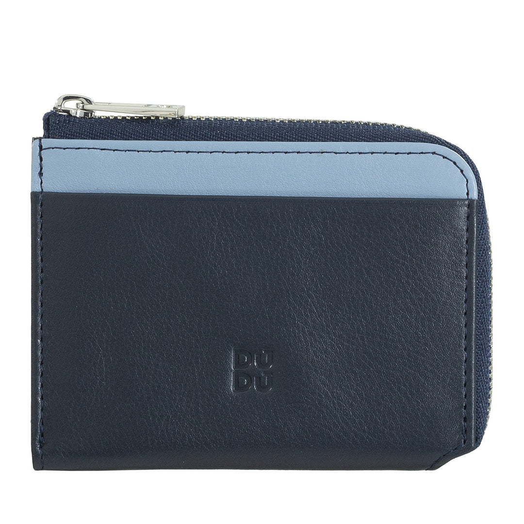 Navy blue and light blue leather wallet with zippered coin pocket
