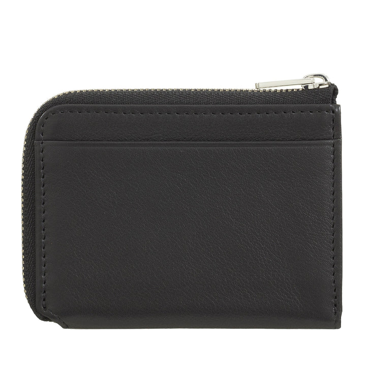 Black leather wallet with zipper and card slots on white background