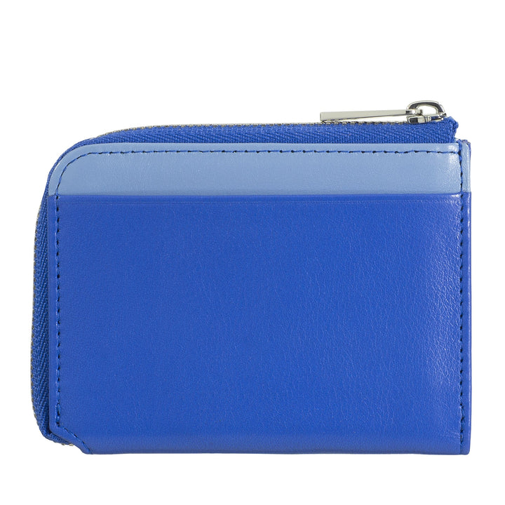 Blue leather zippered wallet with a contrasting light blue accent