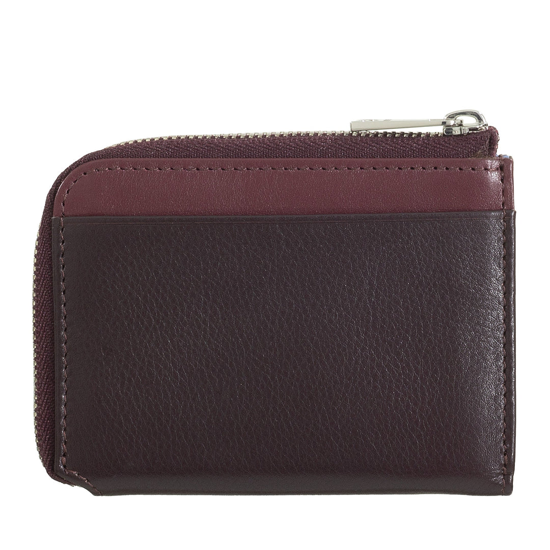 Dark brown leather wallet with zip closure on a white background