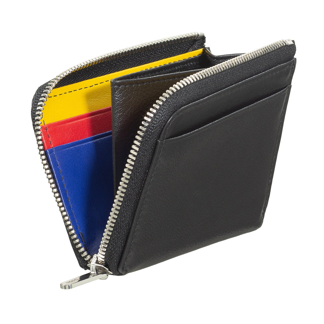 Modern black leather wallet with colorful interior and zip closure