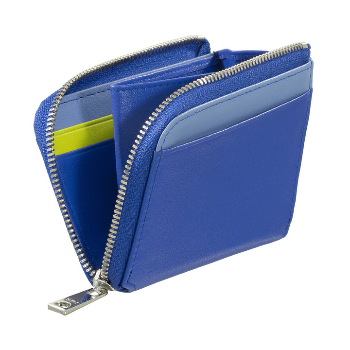 Blue leather wallet with zipper closure, multiple card slots, and a coin compartment