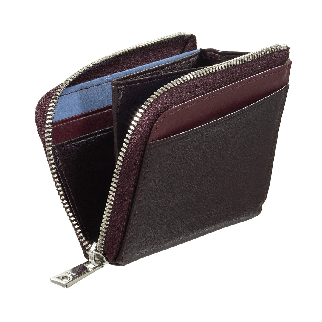 Brown leather zippered wallet with multiple compartments and card slots