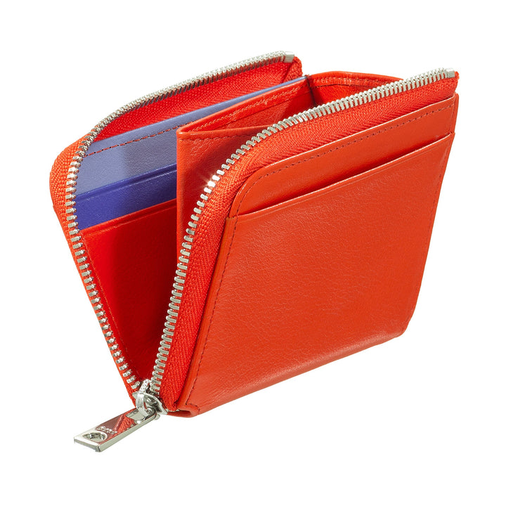 Bright orange leather wallet with silver zipper and multiple card slots