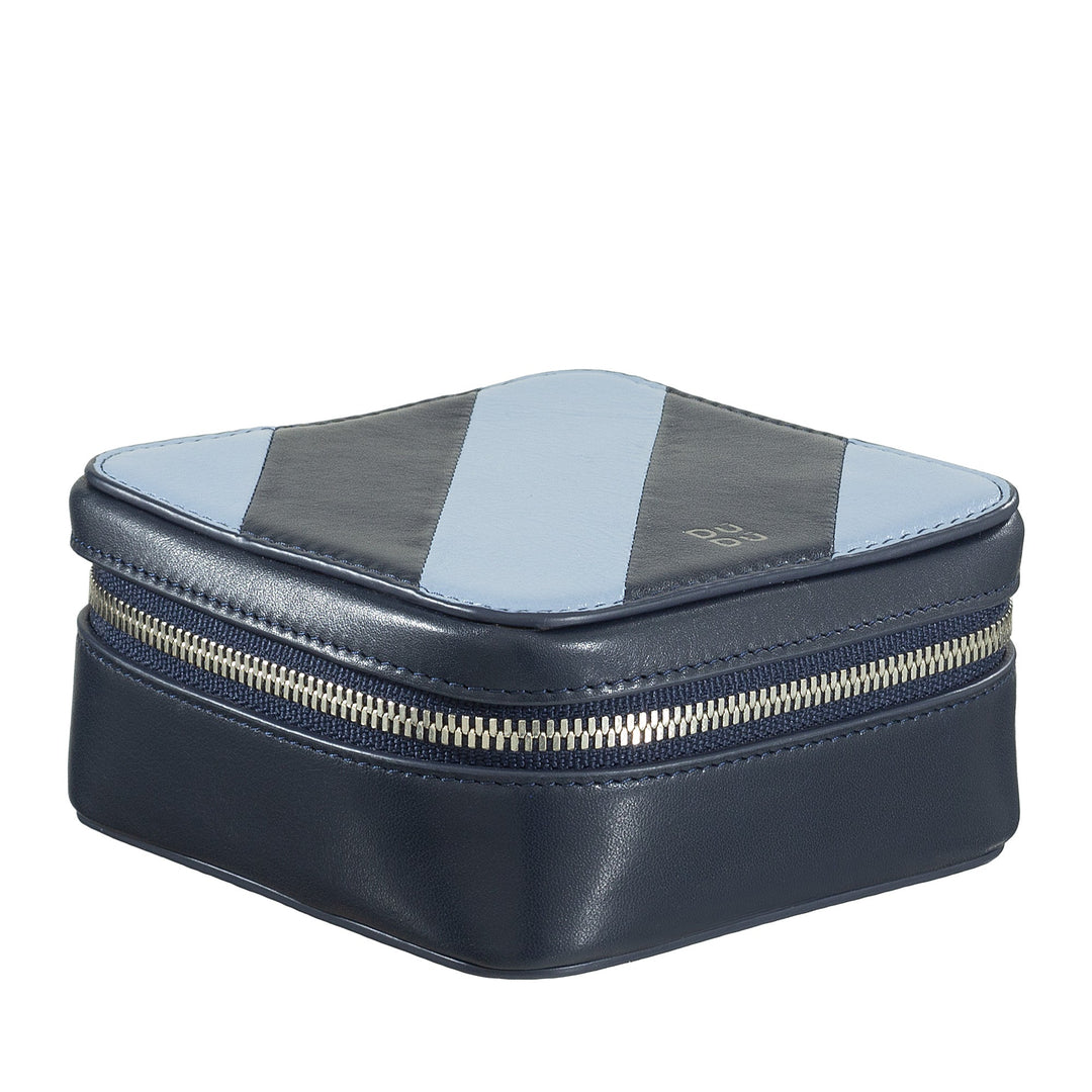 Square navy blue and light blue leather box with zipper closure