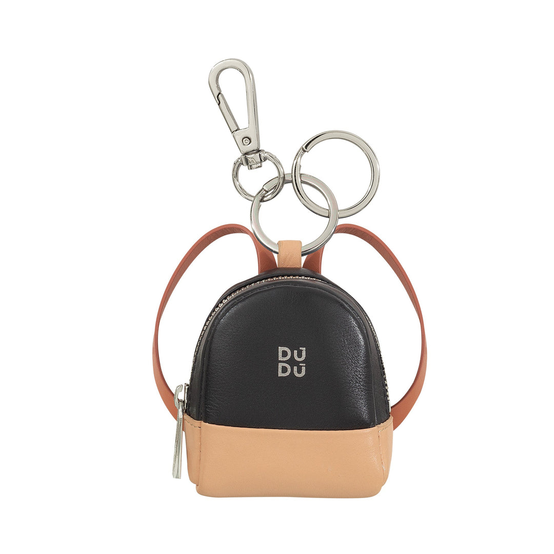 Mini black and beige leather backpack keychain with silver hardware