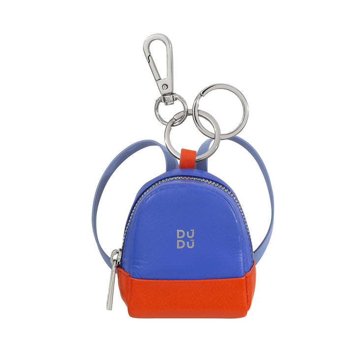 Small blue and orange leather backpack keychain with silver hardware