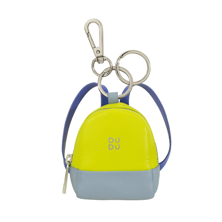 Small yellow and blue leather backpack keychain with metal clasp