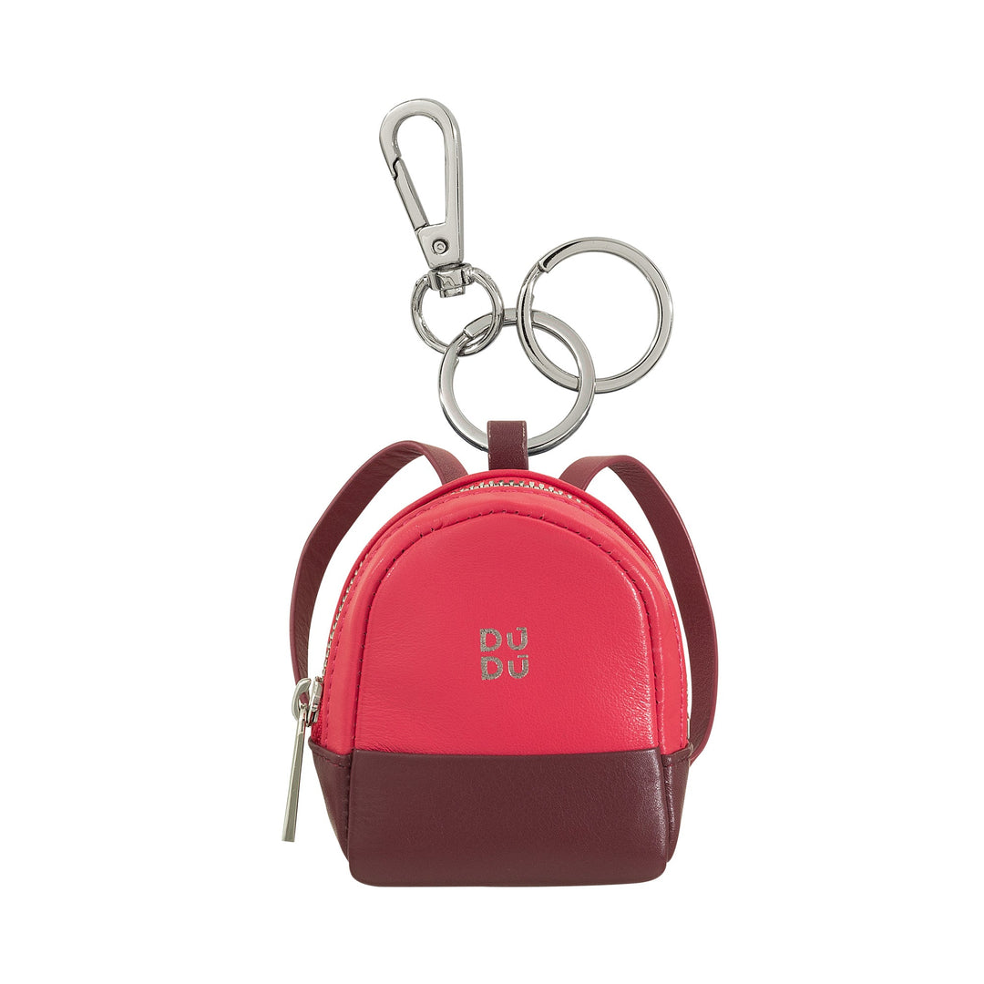 Mini red and brown backpack keychain with silver clasp and key rings