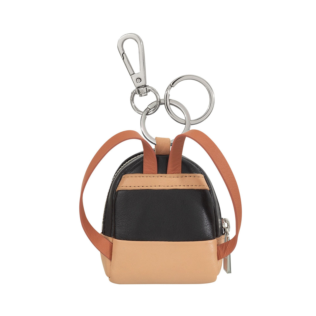 Mini black and beige leather backpack keychain with silver hardware and carabiner clasp