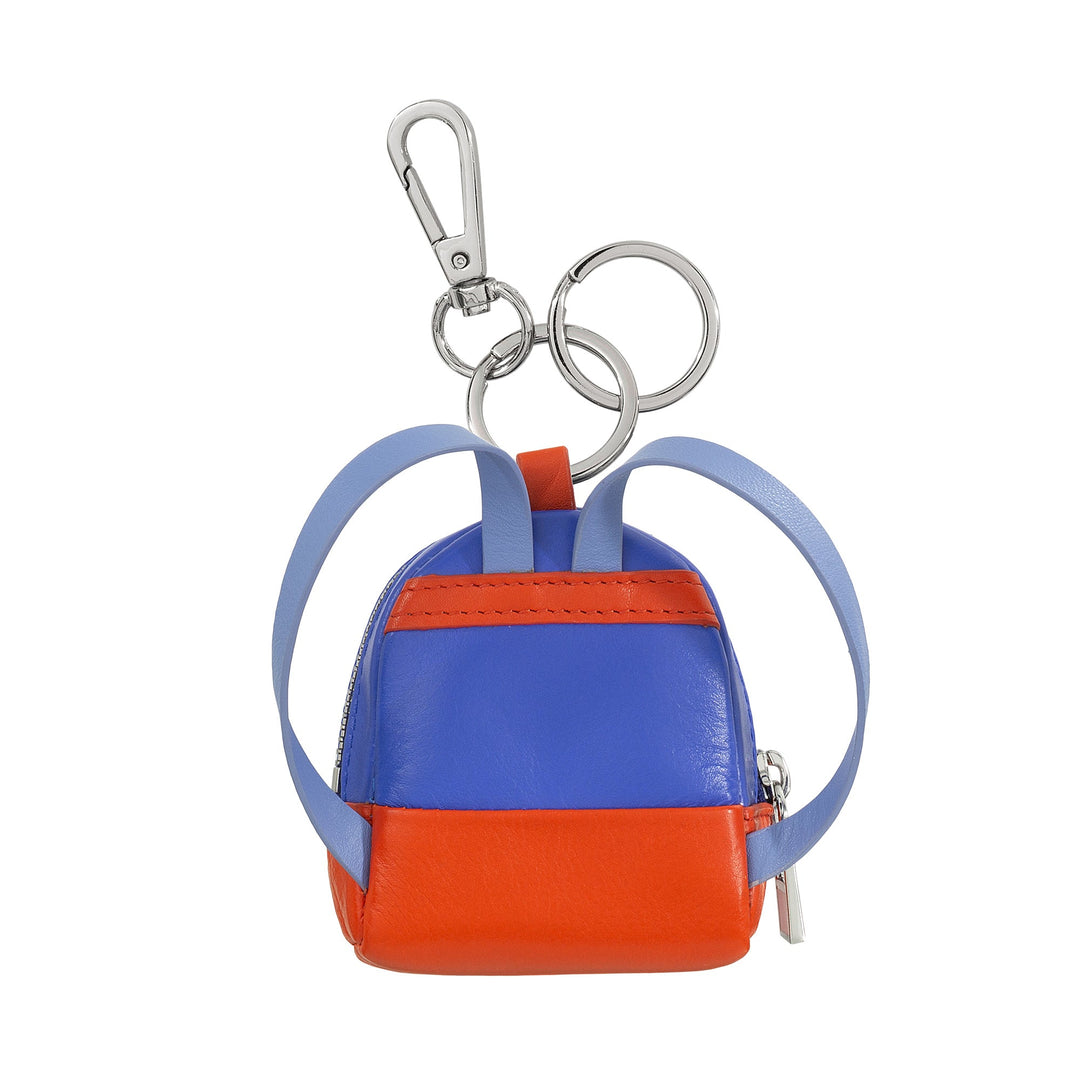 Small blue and red leather mini backpack keychain with silver metal clasp and keyrings