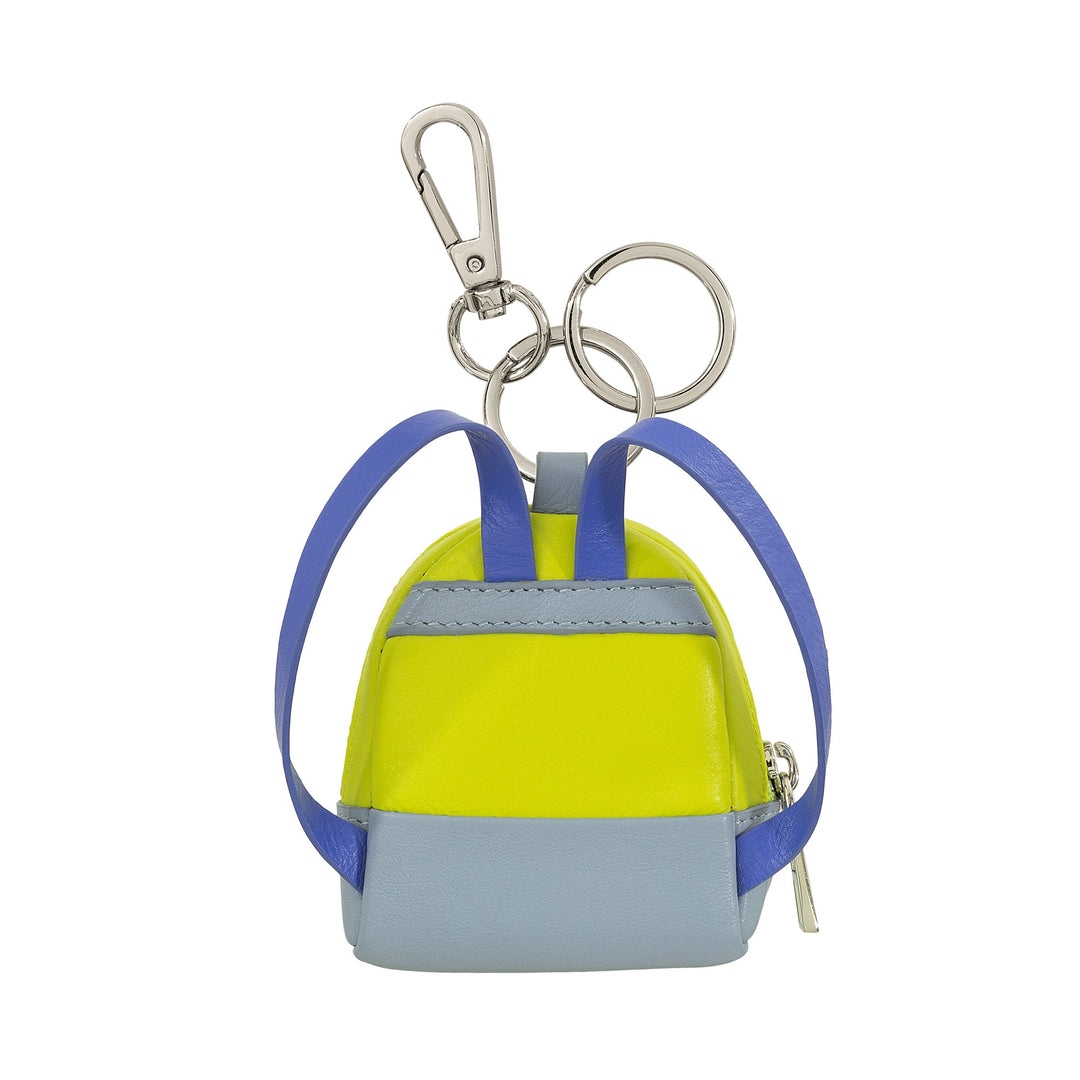 Miniature yellow and blue backpack keychain with silver clip