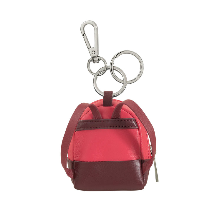 Red and brown leather mini backpack keychain with metal clasp and key rings