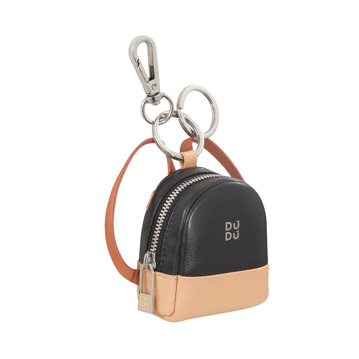 Mini black and tan leather backpack keychain with zipper and metal clip