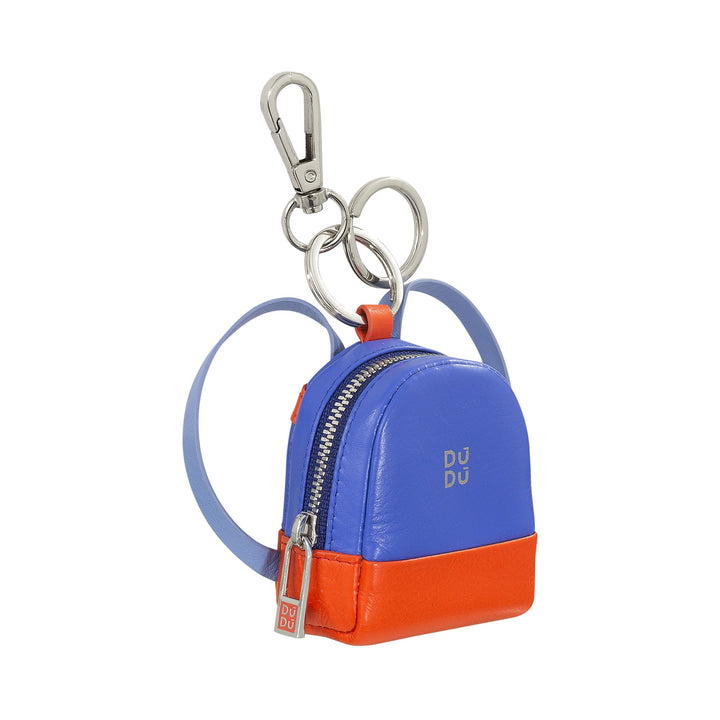 Mini blue and orange leather backpack keychain with silver keyring clasp