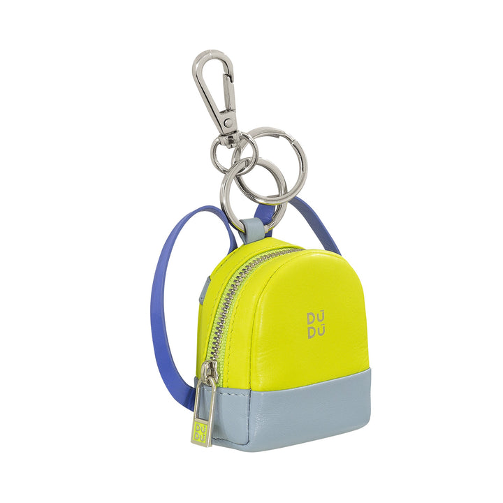 Mini yellow and blue leather backpack keychain with silver hardware