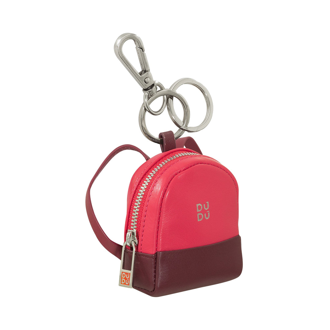 Small red and maroon keychain bag with zipper and metal clasp