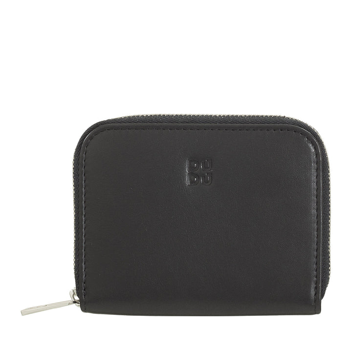 Black leather zip-around wallet with embossed logo