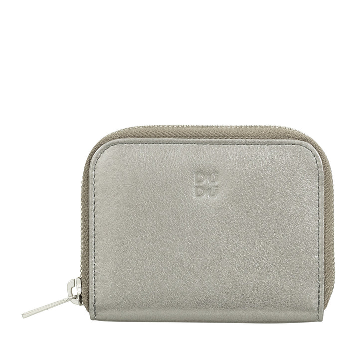 Gray leather zip-around wallet with embossed logo