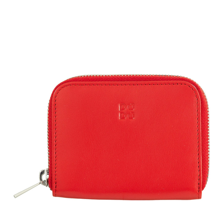 Red leather wallet with zipper closure and embossed logo