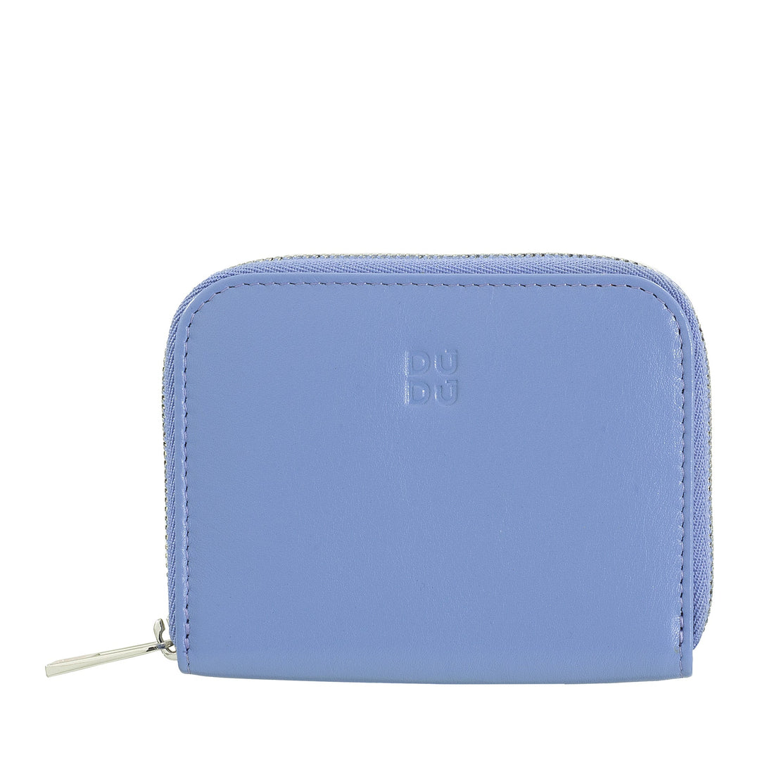 Compact blue leather wallet with zipper closure