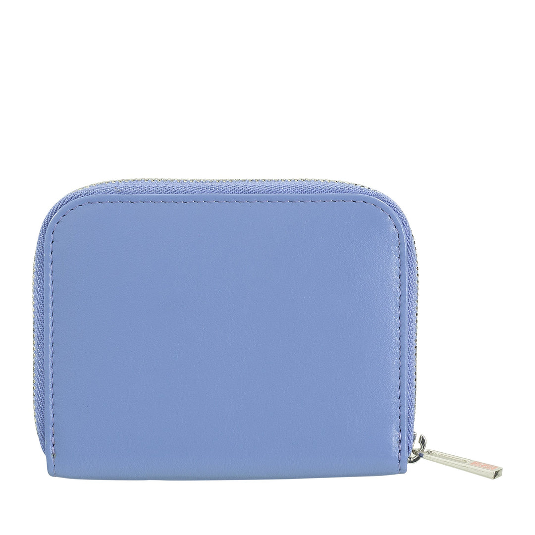 Blue leather zippered wallet against white background