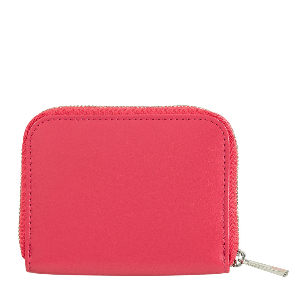 Bright pink leather wallet with zippered closure, isolated on white background