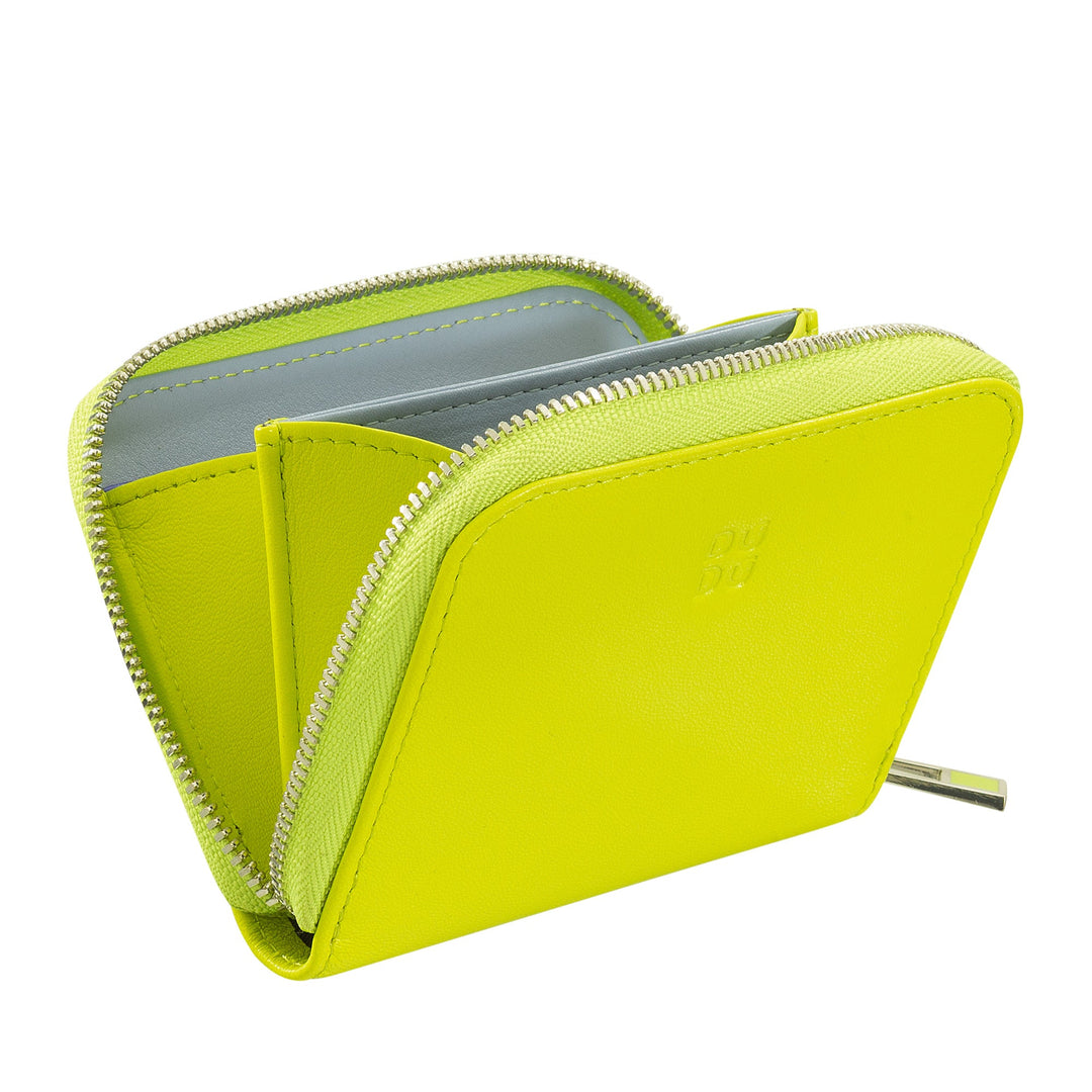 Bright green leather wallet with a zipper, featuring multiple compartments inside