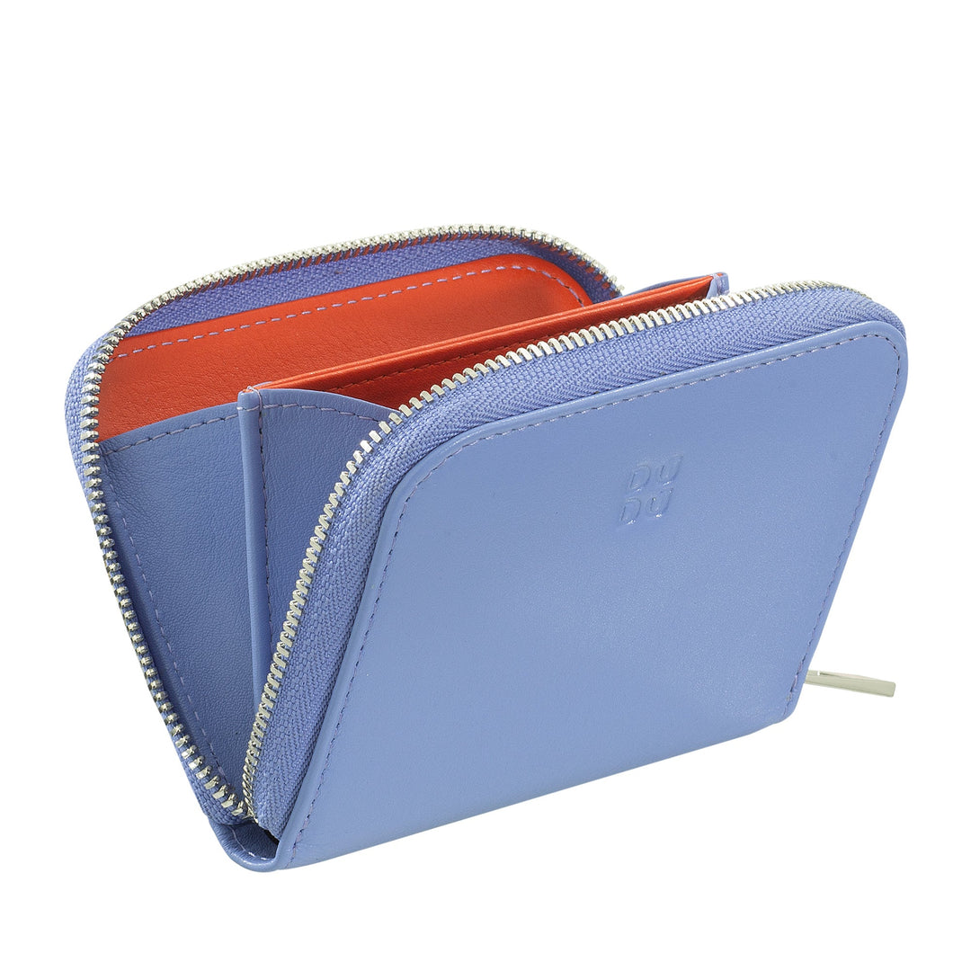 Light blue bifold wallet with zipper and orange interior