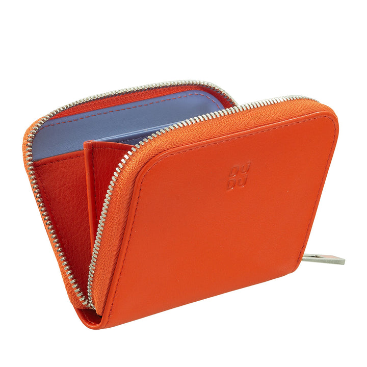 Bright orange leather wallet with a zipper and multiple compartments