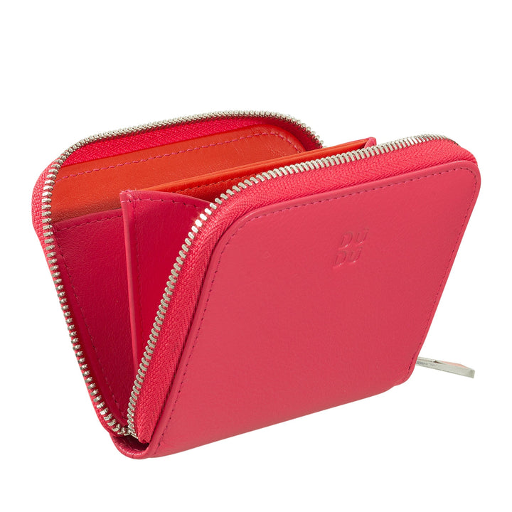 Pink leather zippered wallet with card slots and compartments