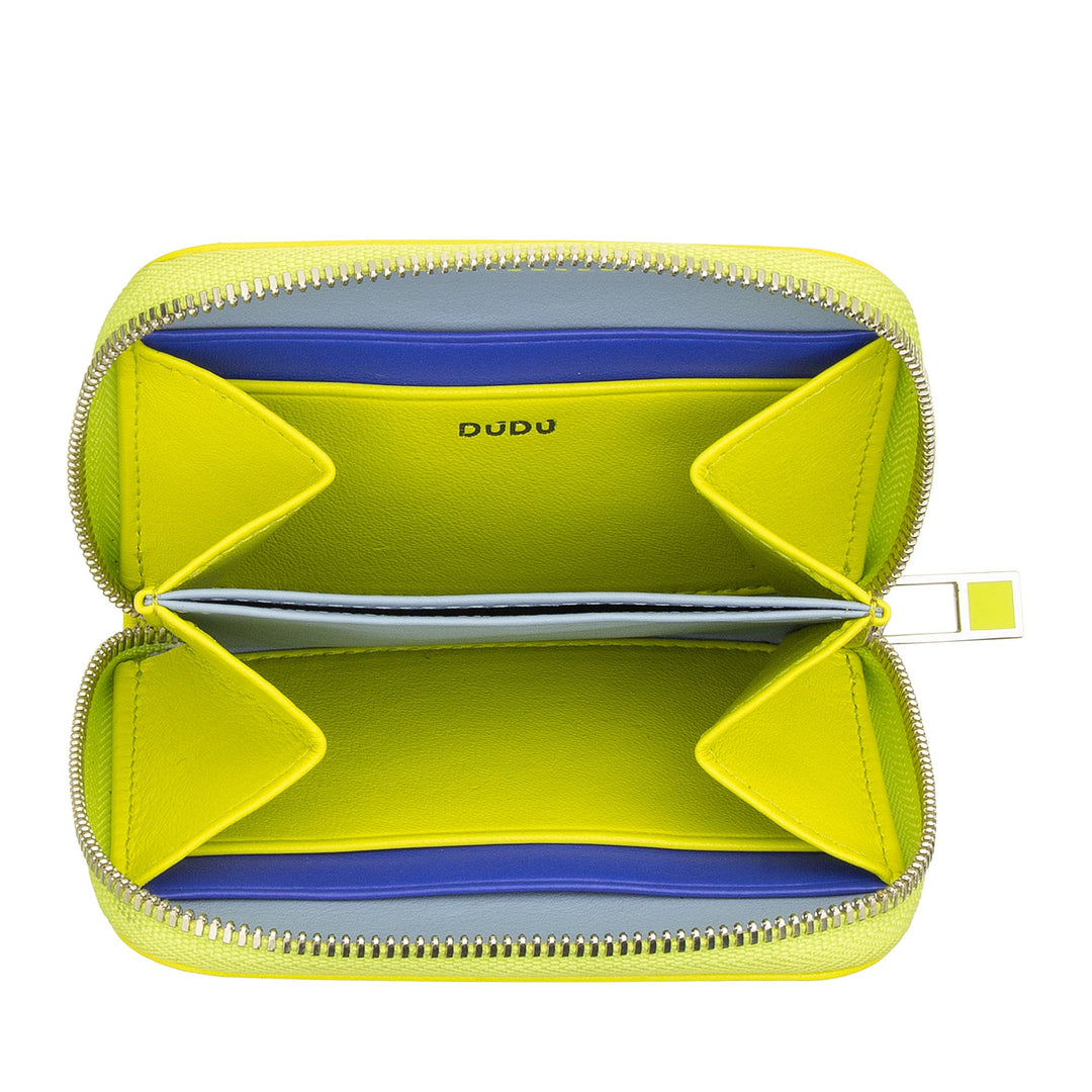 Brightly colored yellow and blue leather wallet with multiple compartments and zip closure