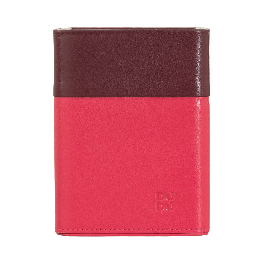 Red and burgundy leather wallet with embossed logo