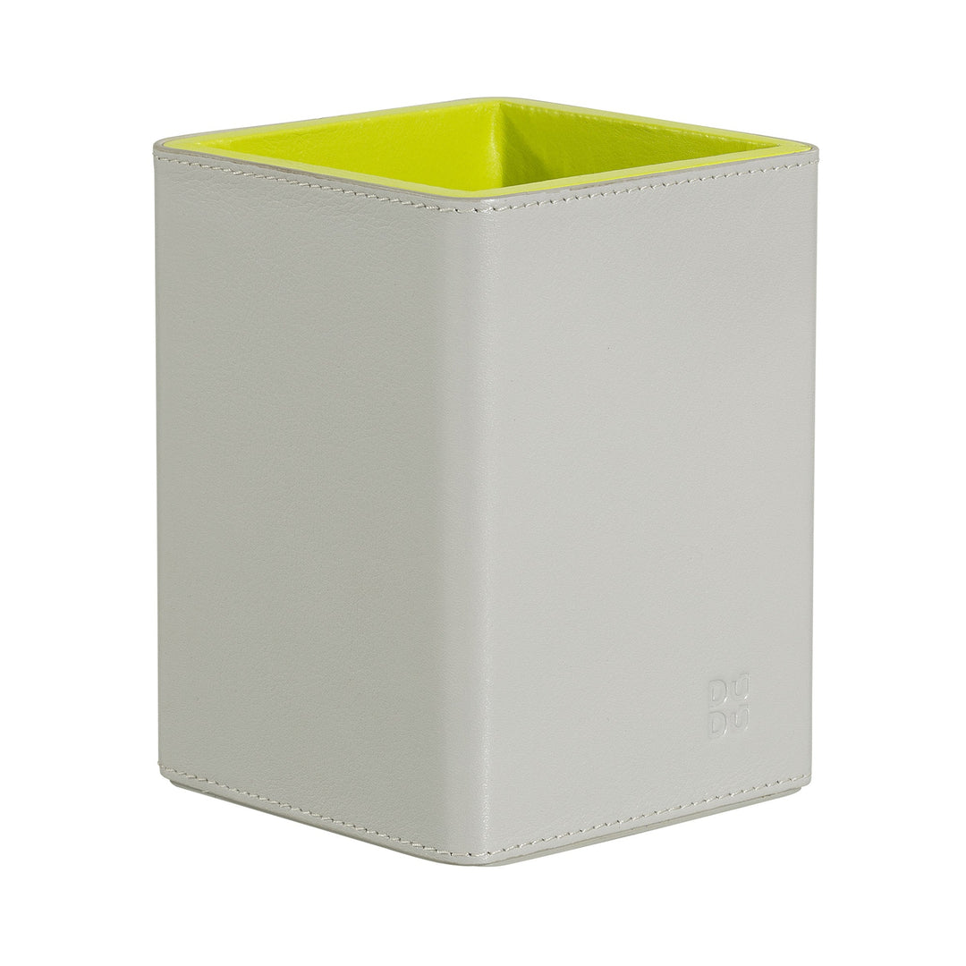 Gray leather square pencil holder with yellow interior