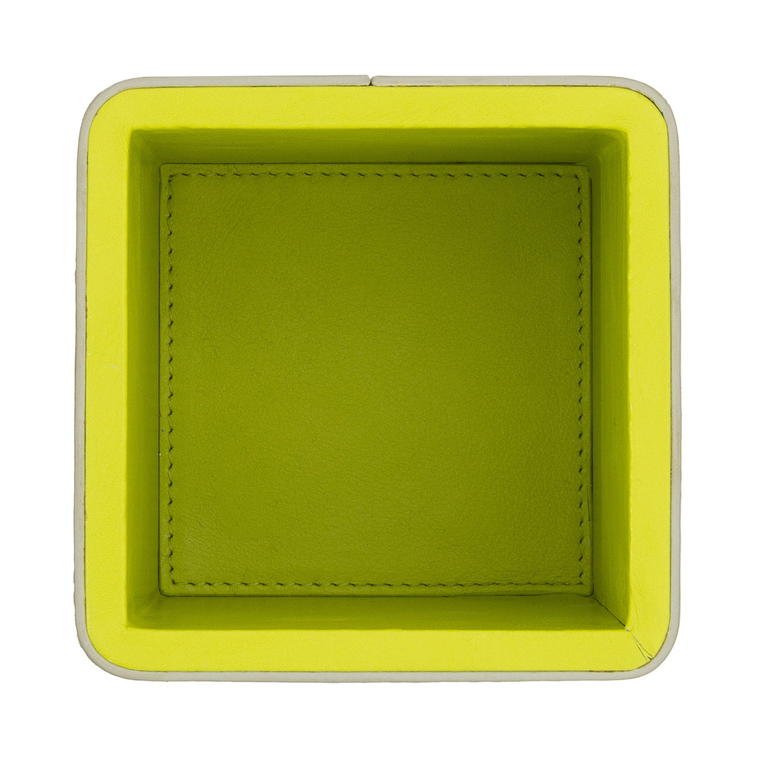 Square yellow leather storage tray with stitched edges, viewed from above