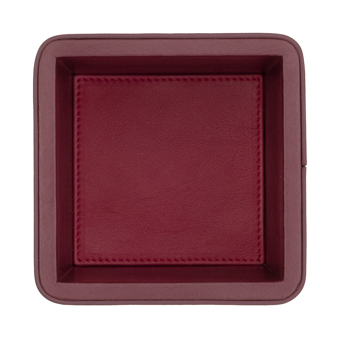 Square maroon leather tray with stitched edges